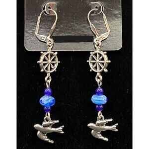 Handmade Sparrow Bird & Helm Millefiori Blue Glass Bead Earrings by Neanie-Bot
